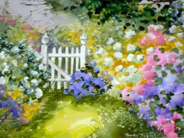 庭園 Painting - 花のフェンスの庭